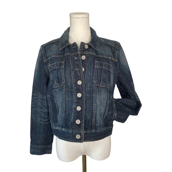Express Cropped Denim Jacket Y2K Womens Trucker Jean Size Large Medium - Picture 1 of 8